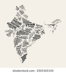 Nube de palabras de India. Country con la división de estados. India texto tipográfico nubes diseño de Imagen de Vector. Imagen de forma de país estilo gaceta de Antiguas. Ilustración vectorial creativa.