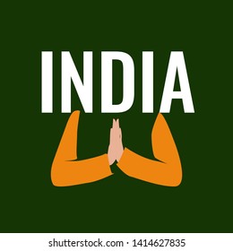 India word and Two Hands Pressed Together in Prayer Position. Namaste. Action for Prayer, Gratitude, Greeting and Thankful Isolated on deep green Background. palm cupped together vector illustration