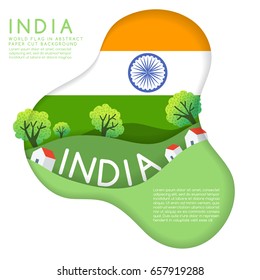 India : World Flag in paper cut shapes with trees and mountains in the layers : Vector Illustration