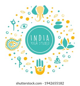 India Yoga Studio Banner, Ayurveda, Traditional Medicine, Meditation Class and Spiritual Practice Card, Poster, Background Hand Drawn Vector Illustration