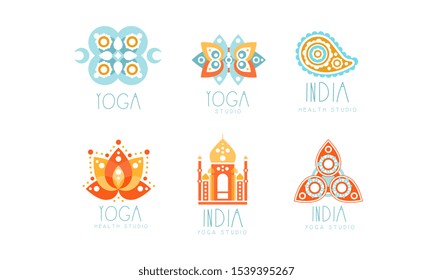 India Yoga Studio Logo Set, Health Center Labels Vector Illustration