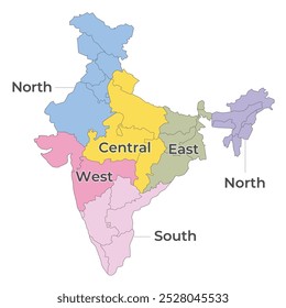 Mapa zonal da Índia com fronteiras estaduais
