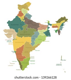 India-highly detailed map.All elements are separated in editable layers clearly labeled. Vector