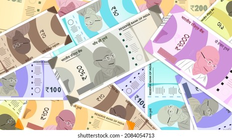 Indian 10, 20 , 50, 100, 200, 500, 2000, rupees currency banknote with white background vector
