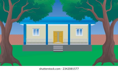 Indian 2d village residential house with beautiful background, animated village house outside scenery