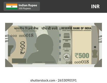 Indian 500 Rupee Currency Note Vector Illustration, Flat Design of INR ₹500 Bill, Indian Money Cash Graphic for Finance, Banking, Economy, and Payment Themes