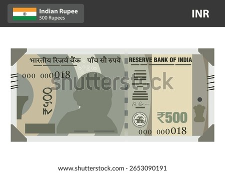 Indian 500 Rupee Currency Note Vector Illustration, Flat Design of INR ₹500 Bill, Indian Money Cash Graphic for Finance, Banking, Economy, and Payment Themes