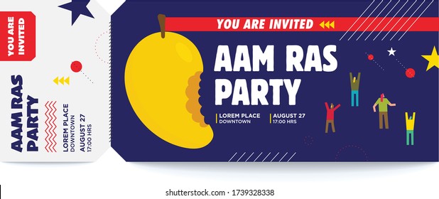 Indian Aam Ras Party Invite Template. Indian Aam Ras. Vector illustration of mango. Mango bite. You are invited mango party.