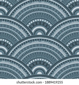 Indian abstract floral carpet design vector seamless pattern. Tribal motifs wavy repeating geometry. Eastern asian ethnic overlapping circular shapes seamless geometric pattern.