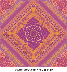 Indian abstract medallion pattern. Boho and gypsy carpet style. Ethnic ornament. Hand - drawn background.