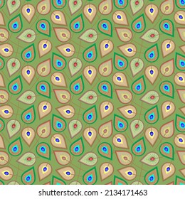 Indian abstract seamless pattern of peacock feathers on a green background. Print for fabric, textile, paper, wallpaper. Vector illustration