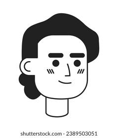 Indian adult man ponytail black and white 2D vector avatar illustration. Amused happy south asian guy cheerful outline cartoon character face isolated. Positive flat user profile image, portrait