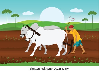 Indian agriculture landscape. Farmer working in indian rice fields rural worker vector cartoon background