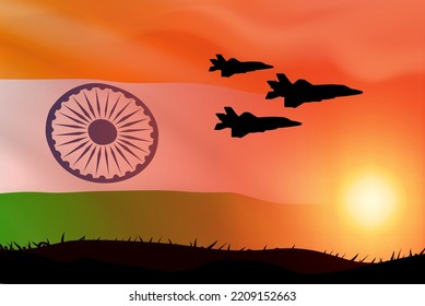 Indian Air Force Day. Banner with fighter planes on background of tricolor Indian flag and the sunset. Concept of national holidays. EPS10 vector