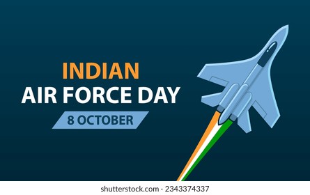 Indian Air Force Day celebration banner design. Fighter jet with trail in Indian flag colors. Vector illustration.