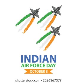 Cartel del día de la Fuerza Aérea India, Anuncio, diseño de volante, aviones voladores con colores de bandera Ilustración vectorial de humo con fondo, 8 de octubre