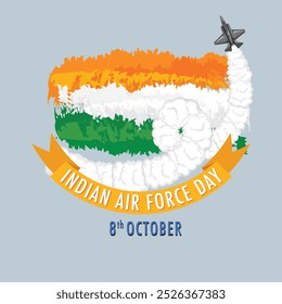 Cartel del día de la Fuerza Aérea India, Anuncio, diseño de volante, aviones voladores con colores de bandera Ilustración vectorial de humo con fondo, 8 de octubre