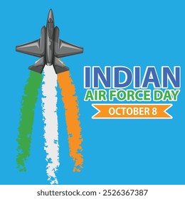 Cartel del día de la Fuerza Aérea India, Anuncio, diseño de volante, aviones voladores con colores de bandera Ilustración vectorial de humo con fondo, 8 de octubre