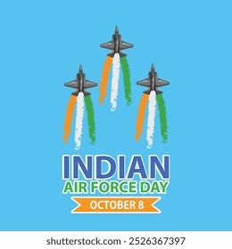 Cartel del día de la Fuerza Aérea India, Anuncio, diseño de volante, aviones voladores con colores de bandera Ilustración vectorial de humo con fondo, 8 de octubre