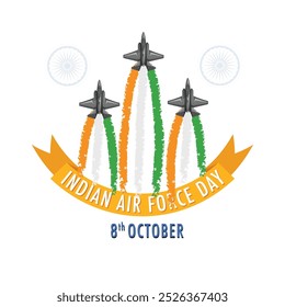 Cartel del día de la Fuerza Aérea India, Anuncio, diseño de volante, aviones voladores con colores de bandera Ilustración vectorial de humo con fondo, 8 de octubre