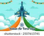 Indian Air Force Day Vector Illustration on 8th October, featuring a Waving Flag, Armed Forces, and Fighter Jet in a National Holiday Flat Background