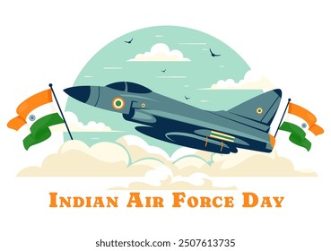 Ilustración vectorial del Día de la Fuerza Aérea India el 8 de octubre, con una bandera ondeando, las Fuerzas Armadas y un avión de combate en un fondo plano nacional de Festiva