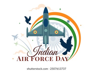 Ilustración vectorial del Día de la Fuerza Aérea India el 8 de octubre, con una bandera ondeando, las Fuerzas Armadas y un avión de combate en un fondo plano nacional de Festiva