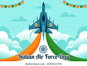 Indian Air Force Day Vector Illustration on 8th October, featuring a Waving Flag, Armed Forces, and Fighter Jet in a National Holiday Flat Background