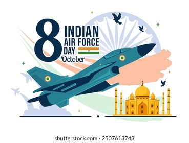 Indian Air Force Day Vector Illustration on 8th October, featuring a Waving Flag, Armed Forces, and Fighter Jet in a National Holiday Flat Background