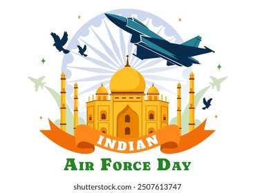 Indian Air Force Day Vector Illustration on 8th October, featuring a Waving Flag, Armed Forces, and Fighter Jet in a National Holiday Flat Background