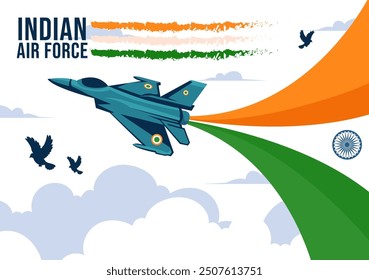 Indian Air Force Day Vector Illustration on 8th October, featuring a Waving Flag, Armed Forces, and Fighter Jet in a National Holiday Flat Background