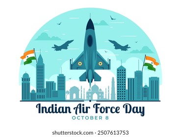 Ilustración vectorial del Día de la Fuerza Aérea India el 8 de octubre, con una bandera ondeando, las Fuerzas Armadas y un avión de combate en un fondo plano nacional de Festiva