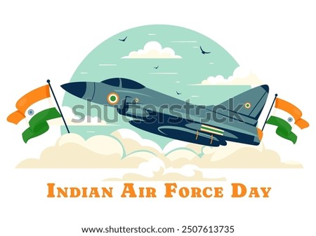 Indian Air Force Day Vector Illustration on 8th October, featuring a Waving Flag, Armed Forces, and Fighter Jet in a National Holiday Flat Background