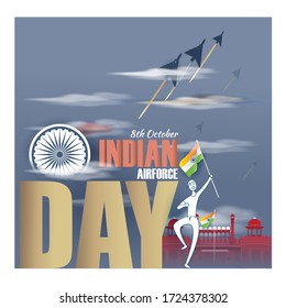 Indian air force day-vector illustration of Indian jet air shows on beautiful cloudy day background with building, happy boy with Indian flag