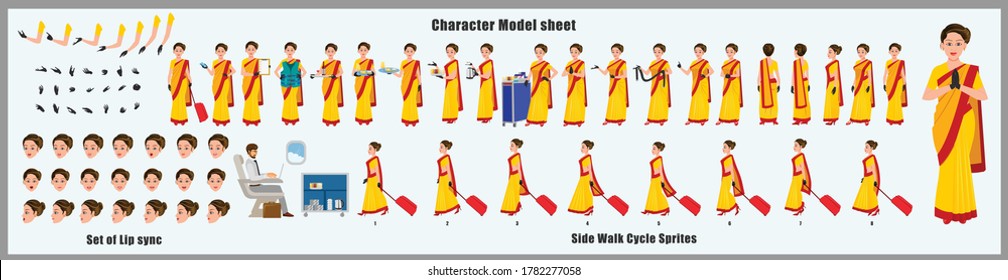 Indian Air hostess Character Design Model Sheet with walk cycle animation. Girl Character design. Front, side, back view and explainer animation poses. Character set with various views and lip sync. 
