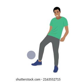 Indian amateur man kicking the ball with his foot, vector isolated on white background, portrait of a guy with a soccer ball