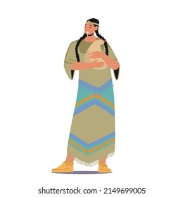 Indian American Girl with Pigtails Holding Chicken in Hands. Indigenous Female Character, Native Person in Tribal Dress or Costume Isolated on White Background. Cartoon People Vector Illustration