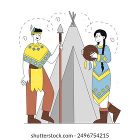 Indian American people. Man with spear and woman in traditional Indian clothing near tent. Traditions and culture of America. Ancient indigenous peoples. Linear vector illustration