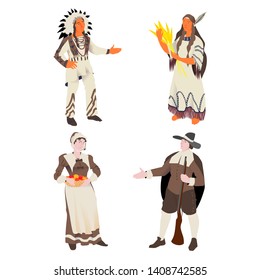 The Indian and American pilgrim, vector illustration people set for  Thanksgiving Day. The America man and woman in traditional suit. Isolated object.