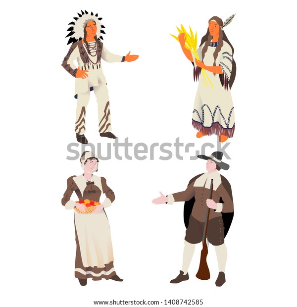 Indian American Pilgrim Vector Illustration People Stock Vector ...