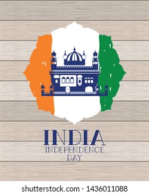 indian amritsar golden temple with flag in wooden background