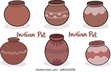 Antiguo Cachorro de Cocina de la India. 
Diferente tipo de Design Pot. Ilustración vectorial de la cacerola india.