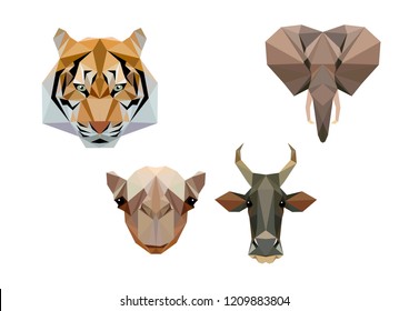 
Indian animals in low polygons, vector. Camel, tiger, elephant, cow.