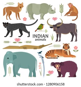 Indian animals. Vector illustration of wildlife of India, including birds,  plants and animals, such as Panther, Bengal Tiger, Jackal, Asian Elephant, Sloth Bear and Macaque. Isolated on white.