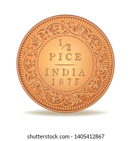 Indian antique bronze half pice coin 1875 isolated in vector illustration