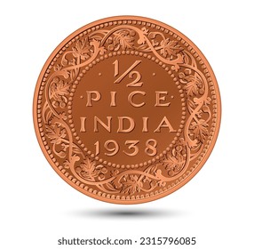 Indian antique bronze half pice coin on a white background. Isolated in vector illustration.