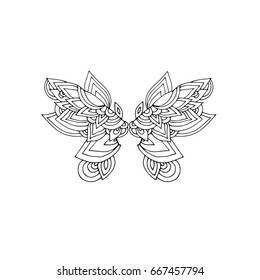 Indian, Arab, ethnic butterfly. Eastern tribal pattern. Doodle, sketch lines. Vector illustration on a white background.