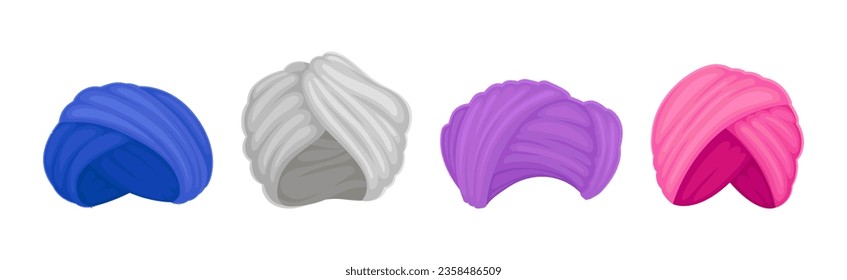 Indian and Arabic Turban as Traditional Headwear of Cloth Winding Vector Set