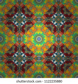 Indian, Arabic, Turkish motifs. Vector patchwork quilt pattern in blue, orange and yellow colors. Abstract colorful mosaic style. Hand drawn seamless pattern. Vintage decorative elements.