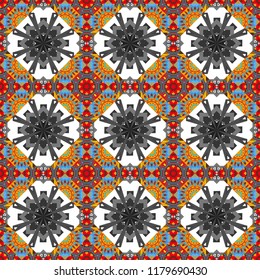 Indian, Arabic, Turkish motifs. Vector patchwork quilt pattern in white, blue and gray colors. Abstract colorful mosaic style. Hand drawn seamless pattern. Vintage decorative elements.